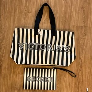 Victoria's Secret Striped  Cotton Canvas Black and Cream Tote with Wrist Bag
